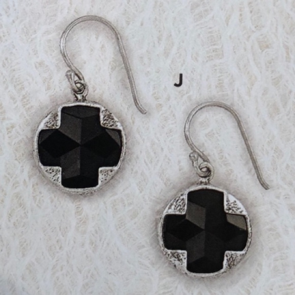 Rare Vintage Silpada Sterling Silver Black Chalcedony Cross Earrings